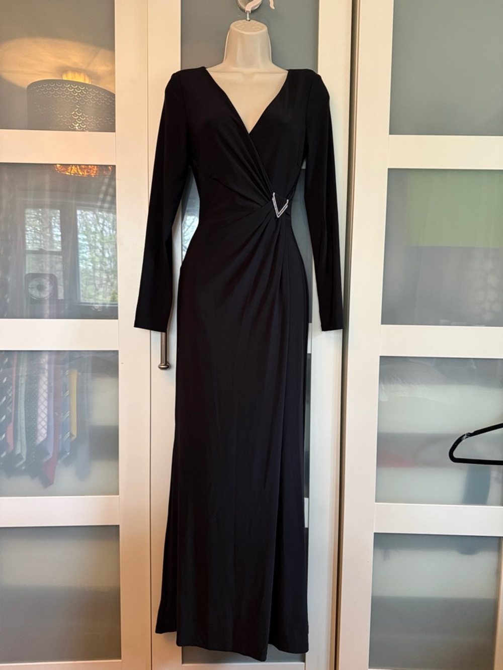 Ralph Lauren Black Long-Sleeve V-Neck Gown with Side Detail 4